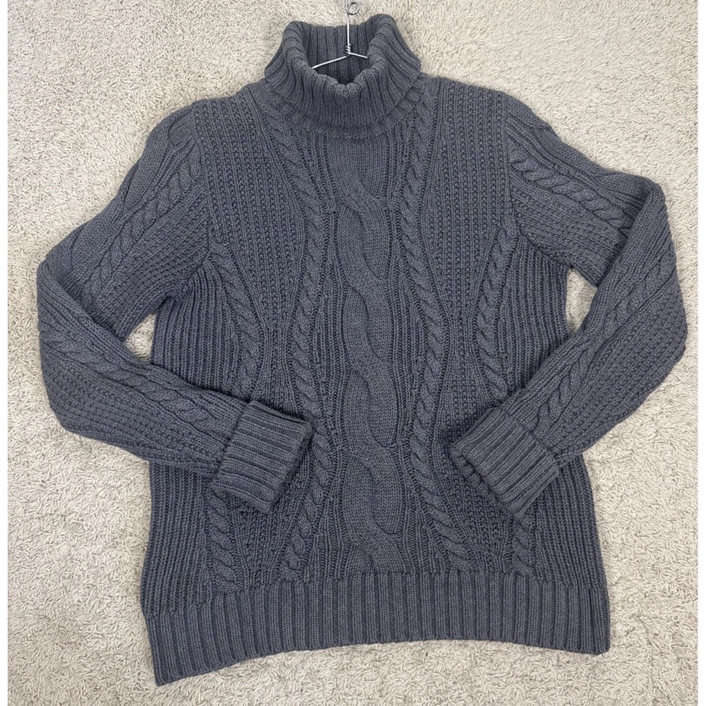 Lands' End Gray Chunky Fisherman Knit Turtleneck Sweater 100% Cotton Women's L